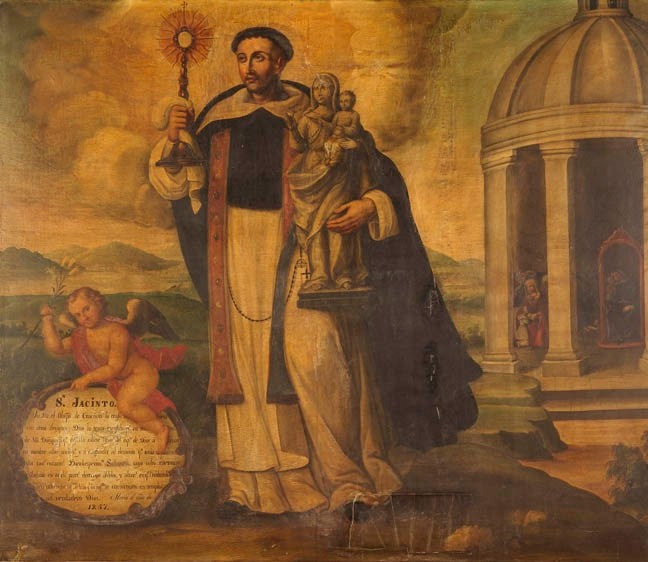 Reprodukcja obrazu przedstawiającego św. Jacka Odrowąża z monstrancją i figurą Matki Boskiej w dłoniach