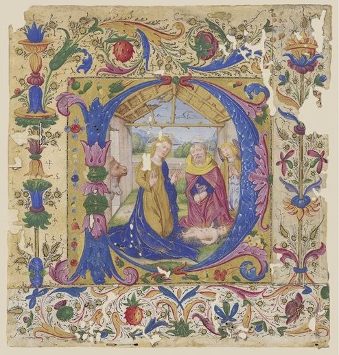 Miniatura średniowieczna w bogatej liściastej bordiurze ze sceną adoracji dzieciątka Jezus.