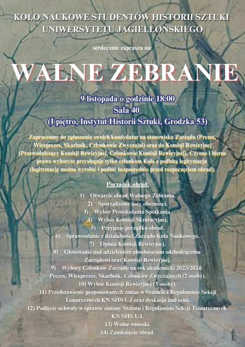 plakat z informacją o walnym zebraniu Koła naukowego studentów historii sztuki, z pastelem Stanisława Wyspiańskiego w tle